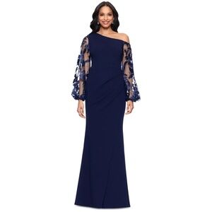 New Betsy & Adam Asymmetric-Neck Lace-Sleeve Gown - size 6